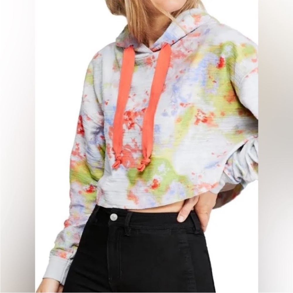 Free People Cropped Tie-Dye Hoodie with Coral Drawstrings